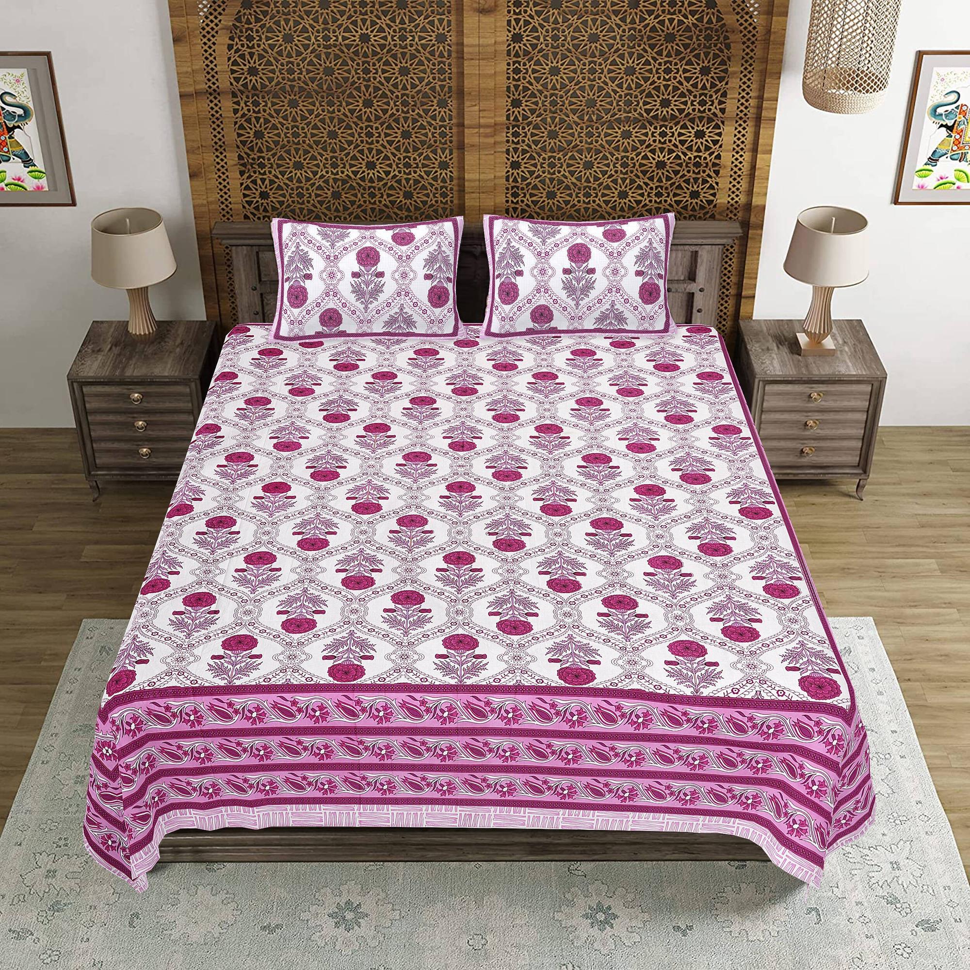 Rudra Bazaar Pink 210 TC Cotton Double King Bedsheet With 2 Pillow Covers | Grocsy