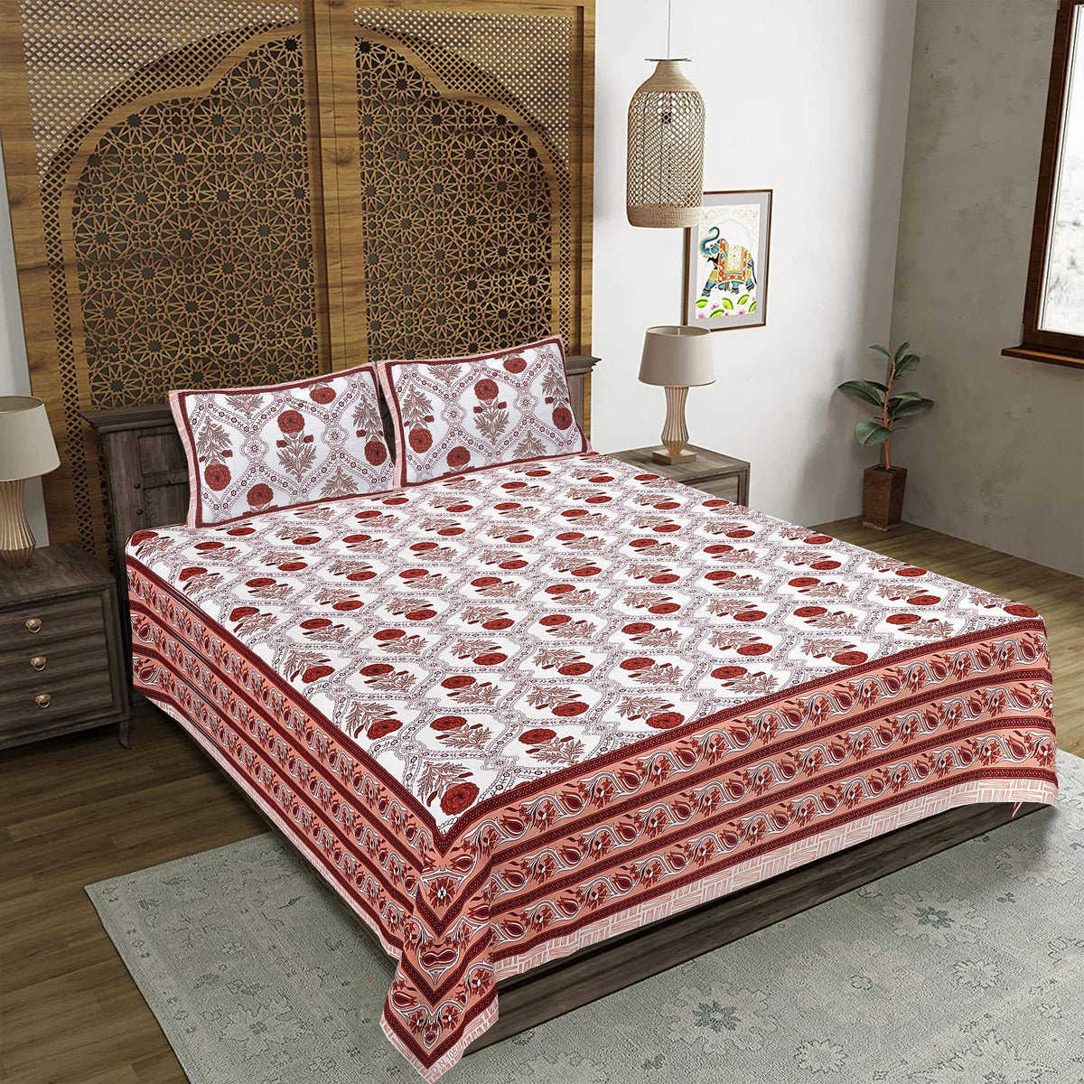 Rudra Bazaar Rust 210 TC Cotton Double King Bedsheet With 2 Pillow Covers | Grocsy