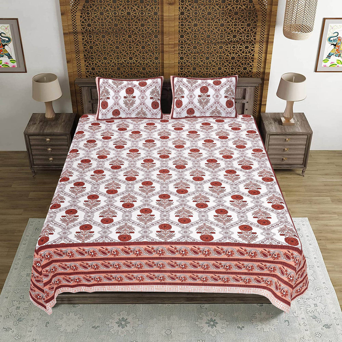 Rudra Bazaar Rust 210 TC Cotton Double King Bedsheet With 2 Pillow Covers | Grocsy