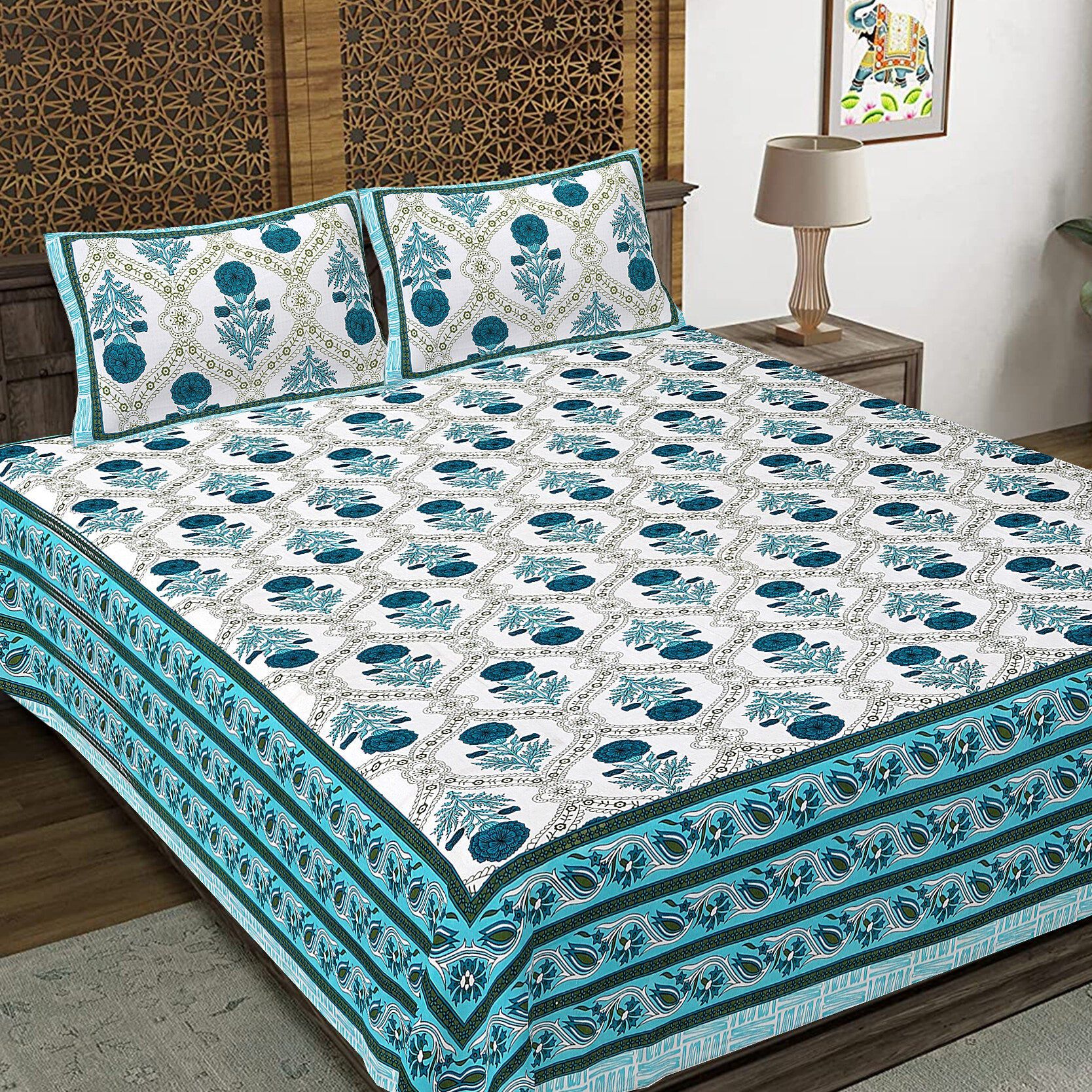 Rudra Bazaar Turquoise Blue 210 TC Cotton Double King Bedsheet With 2 Pillow Covers | Grocsy