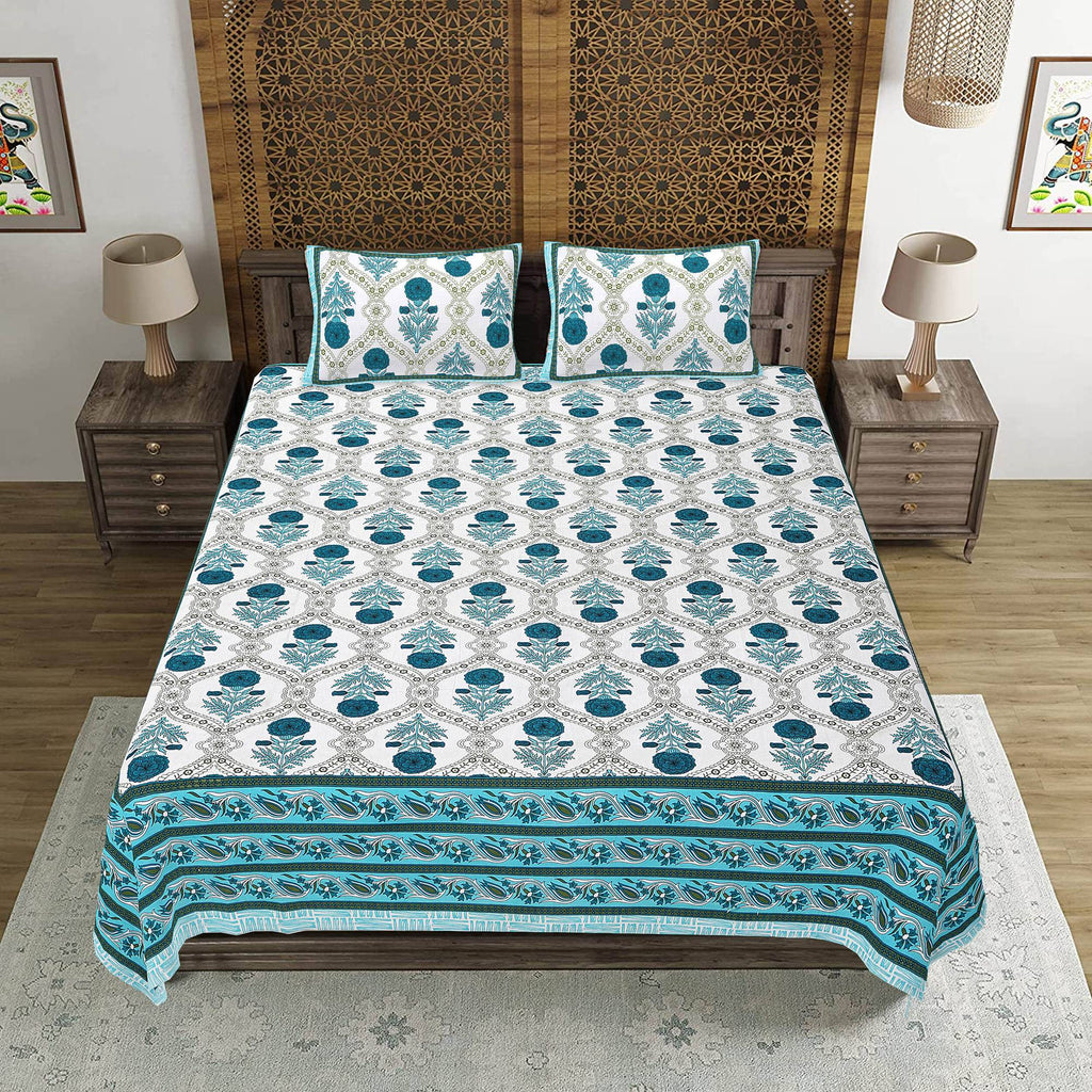 Rudra Bazaar Turquoise Blue 210 TC Cotton Double King Bedsheet With 2 Pillow Covers | Grocsy