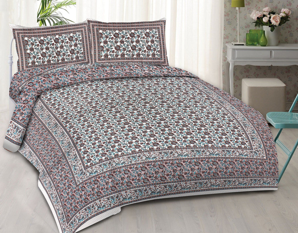 Rudra Bazaar Blue Brown 210 TC Cotton Double King Bedsheet With 2 Pillow Covers | Grocsy