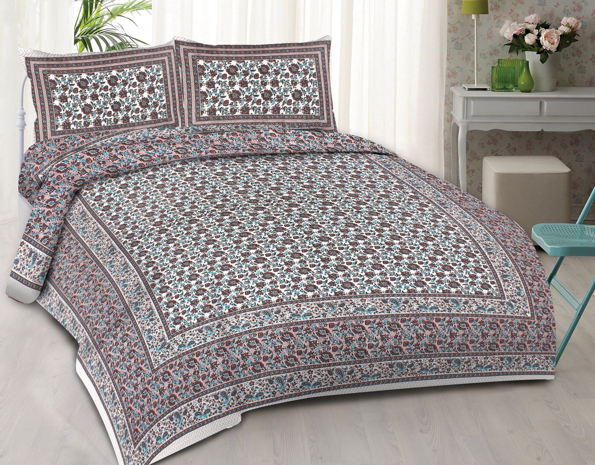 Rudra Bazaar Blue Brown 210 TC Cotton Double King Bedsheet With 2 Pillow Covers | Grocsy