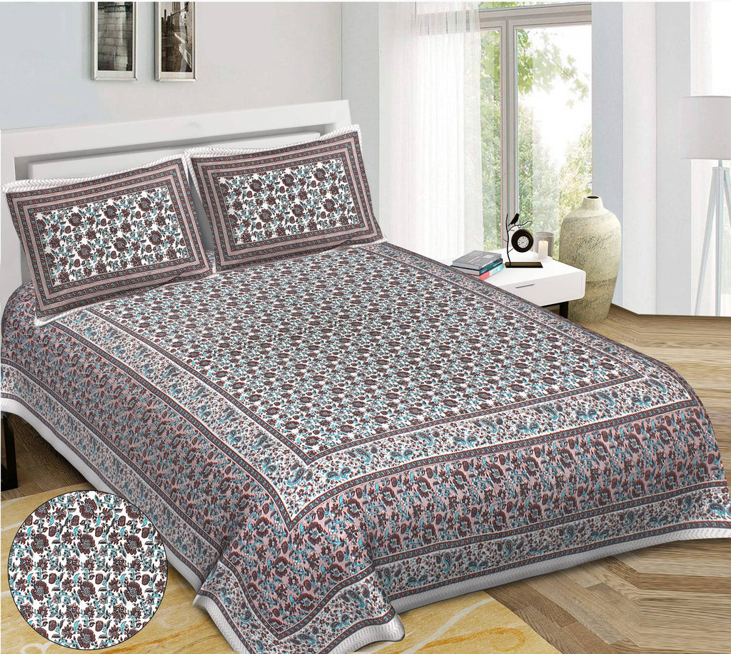 Rudra Bazaar Blue Brown 210 TC Cotton Double King Bedsheet With 2 Pillow Covers | Grocsy