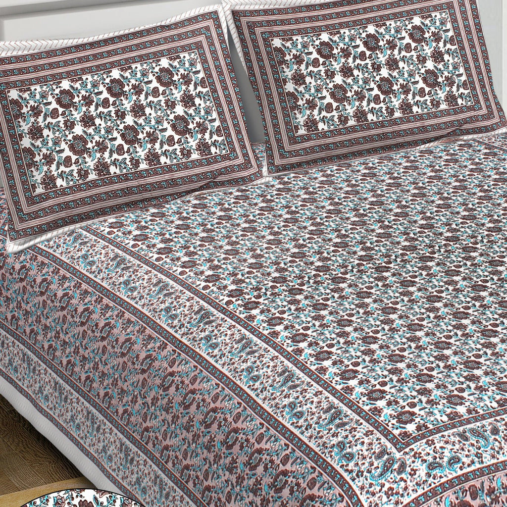 Rudra Bazaar Blue Brown 210 TC Cotton Double King Bedsheet With 2 Pillow Covers | Grocsy
