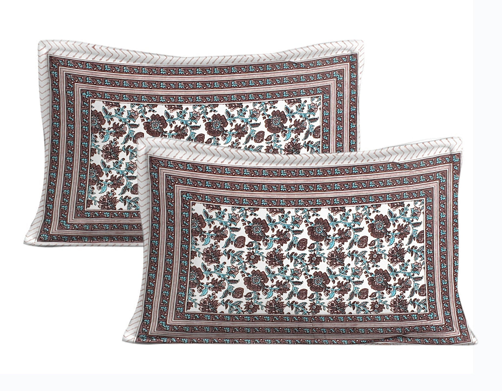 Rudra Bazaar Blue Brown 210 TC Cotton Double King Bedsheet With 2 Pillow Covers | Grocsy