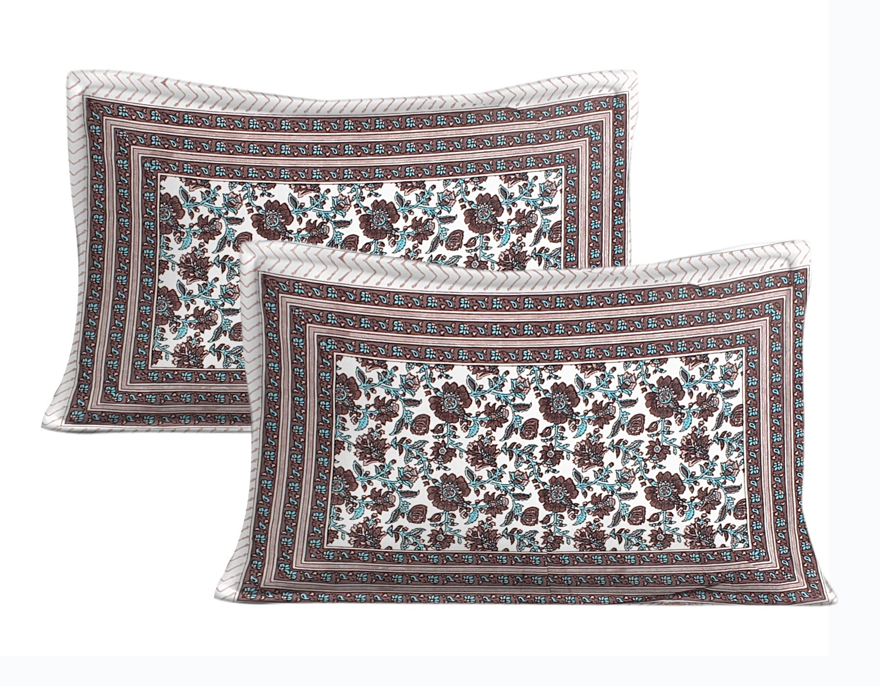 Rudra Bazaar Blue Brown 210 TC Cotton Double King Bedsheet With 2 Pillow Covers | Grocsy