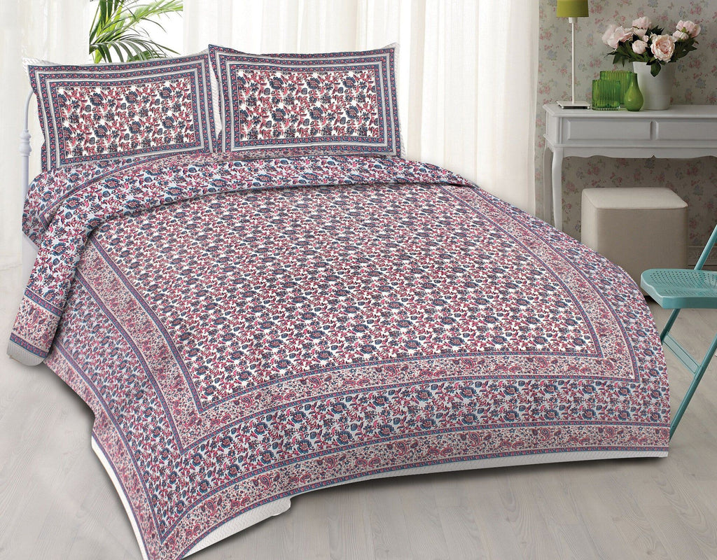 Rudra Bazaar Blue Pink 210 TC Cotton Double King Bedsheet With 2 Pillow Covers | Grocsy