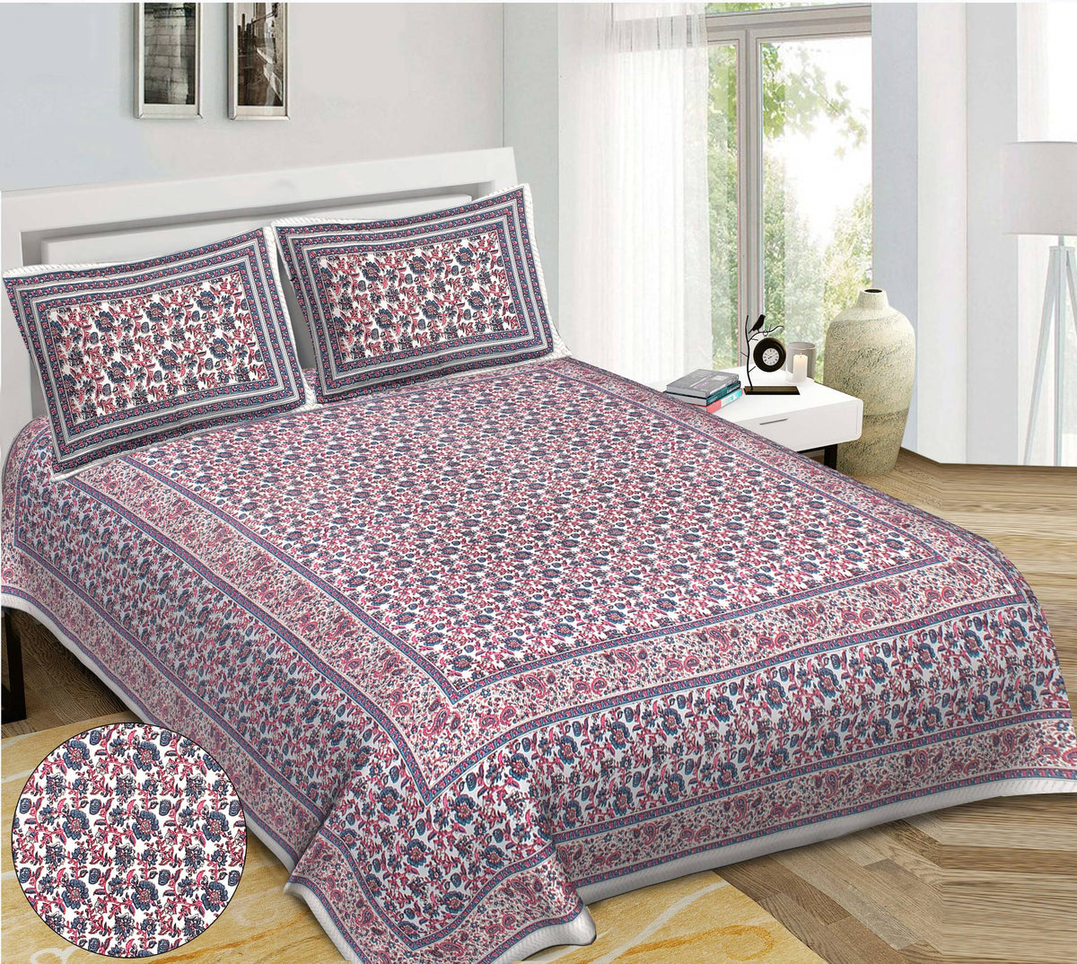 Rudra Bazaar Blue Pink 210 TC Cotton Double King Bedsheet With 2 Pillow Covers | Grocsy