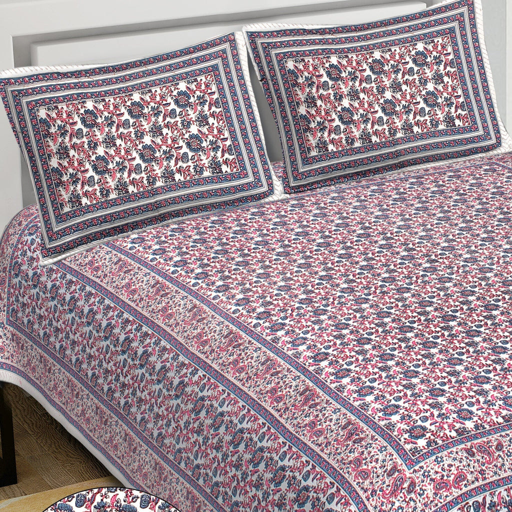 Rudra Bazaar Blue Pink 210 TC Cotton Double King Bedsheet With 2 Pillow Covers | Grocsy