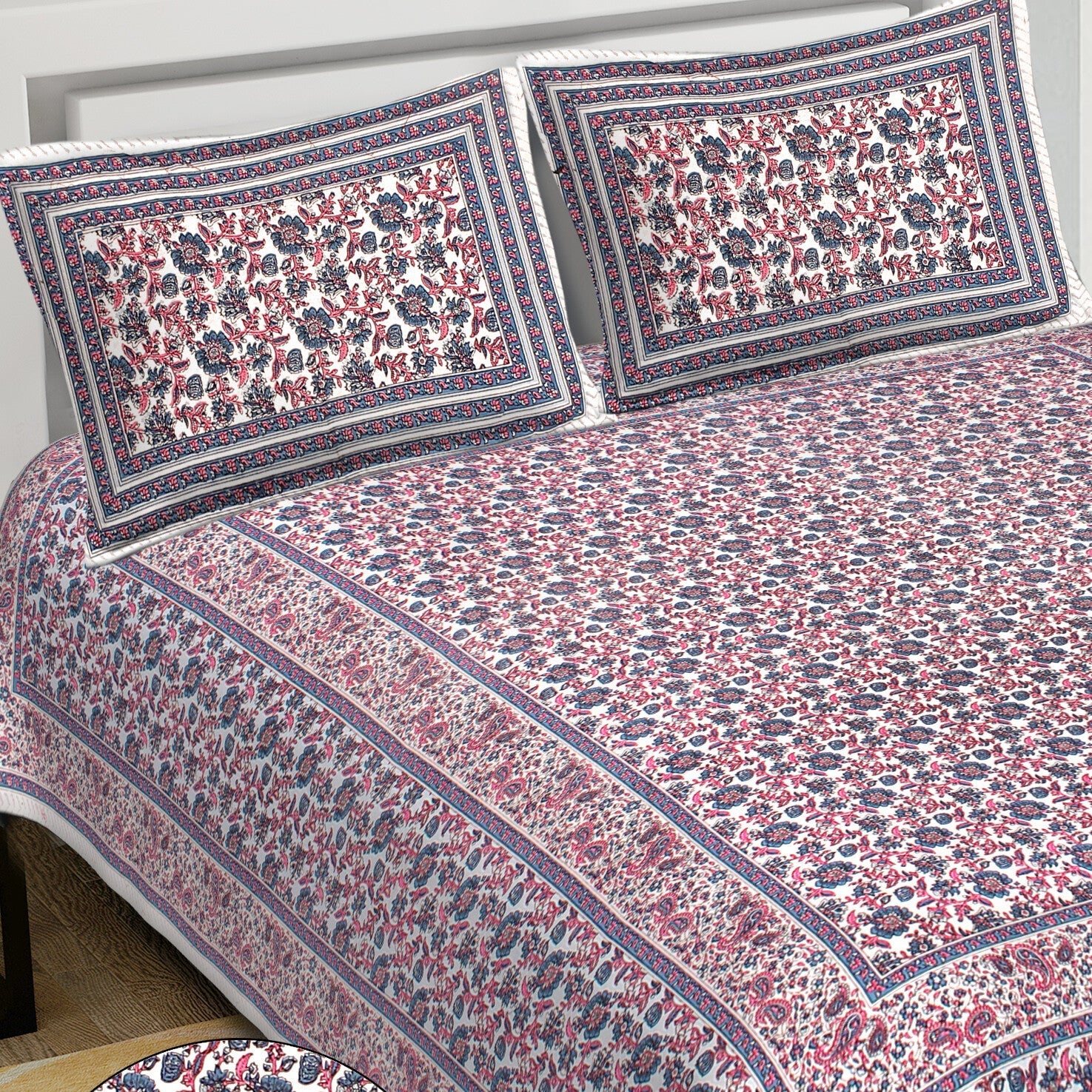 Rudra Bazaar Blue Pink 210 TC Cotton Double King Bedsheet With 2 Pillow Covers | Grocsy