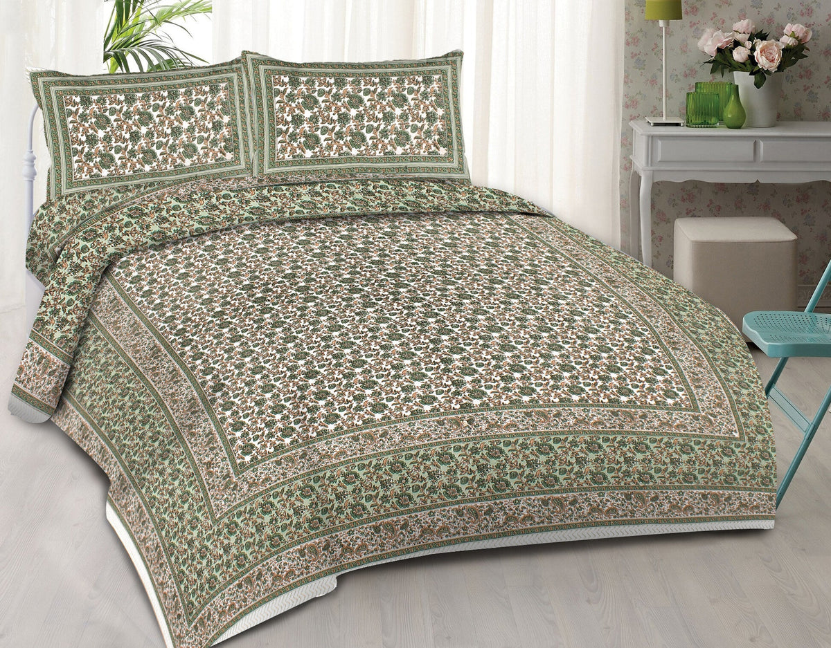 Rudra Bazaar Green 210 TC Cotton Double King Bedsheet With 2 Pillow Covers | Grocsy