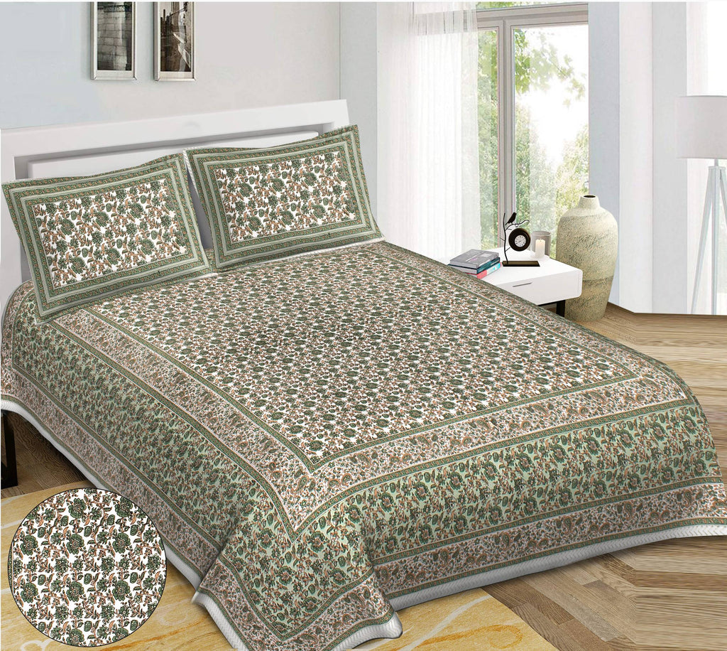 Rudra Bazaar Green 210 TC Cotton Double King Bedsheet With 2 Pillow Covers | Grocsy