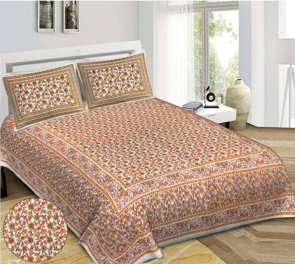 Rudra Bazaar Orange 210 TC Cotton Double King Bedsheet With 2 Pillow Covers | Grocsy