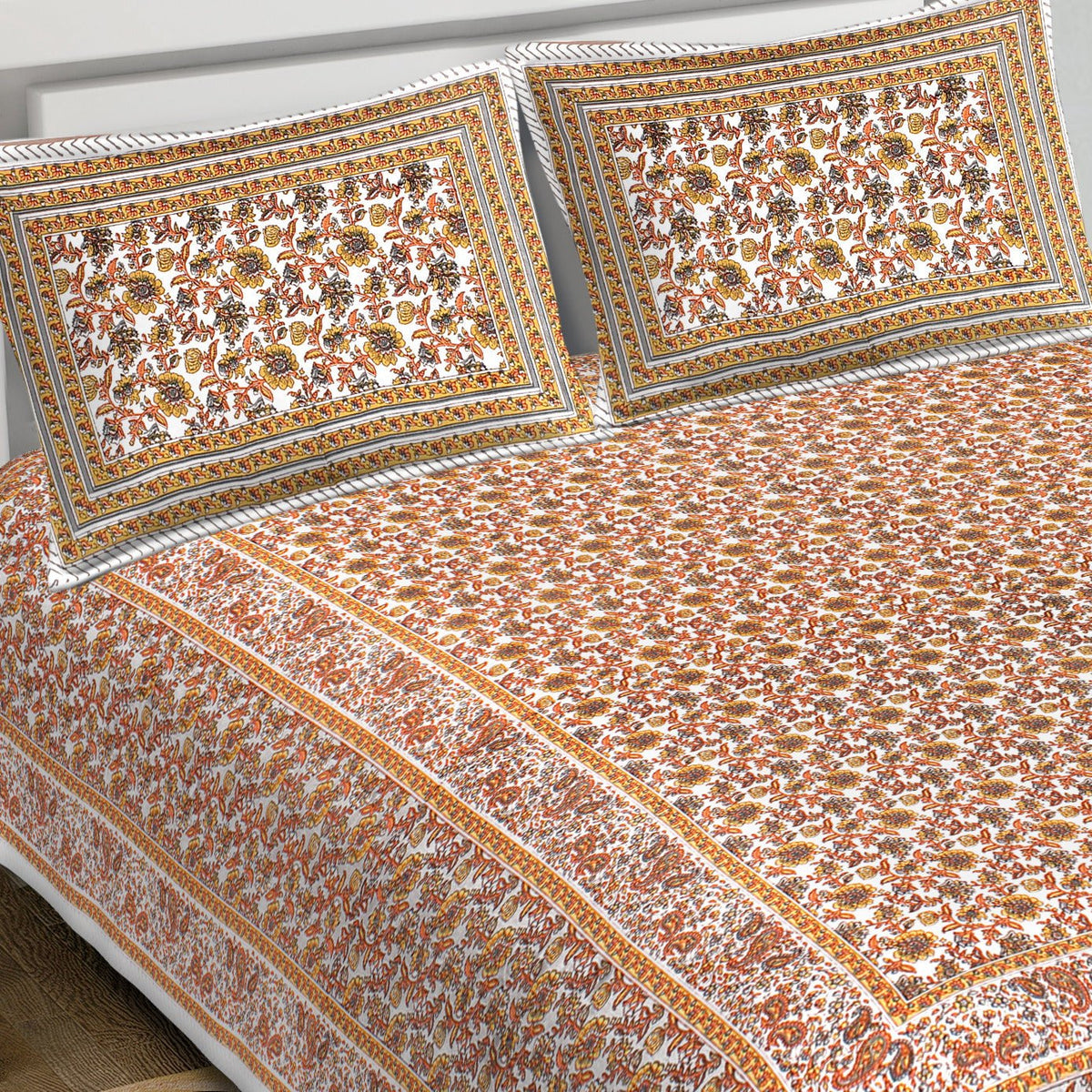 Rudra Bazaar Orange 210 TC Cotton Double King Bedsheet With 2 Pillow Covers | Grocsy
