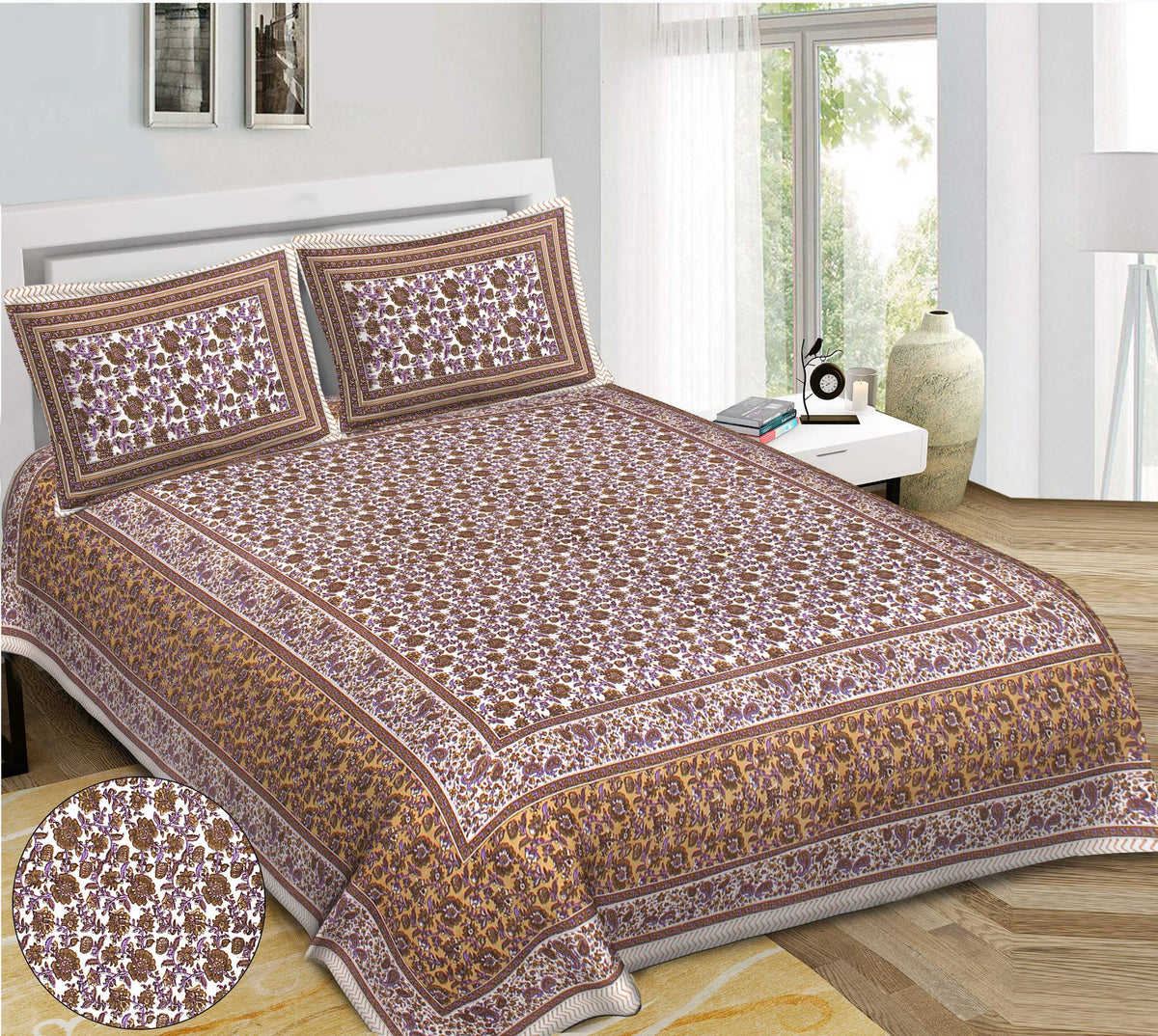 Rudra Bazaar Purple Brown 210 TC Cotton Double King Bedsheet With 2 Pillow Covers | Grocsy