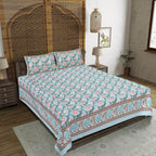 Rudra Bazaar Blue 210 TC Cotton Double King Bedsheet With 2 Pillow Covers | Grocsy