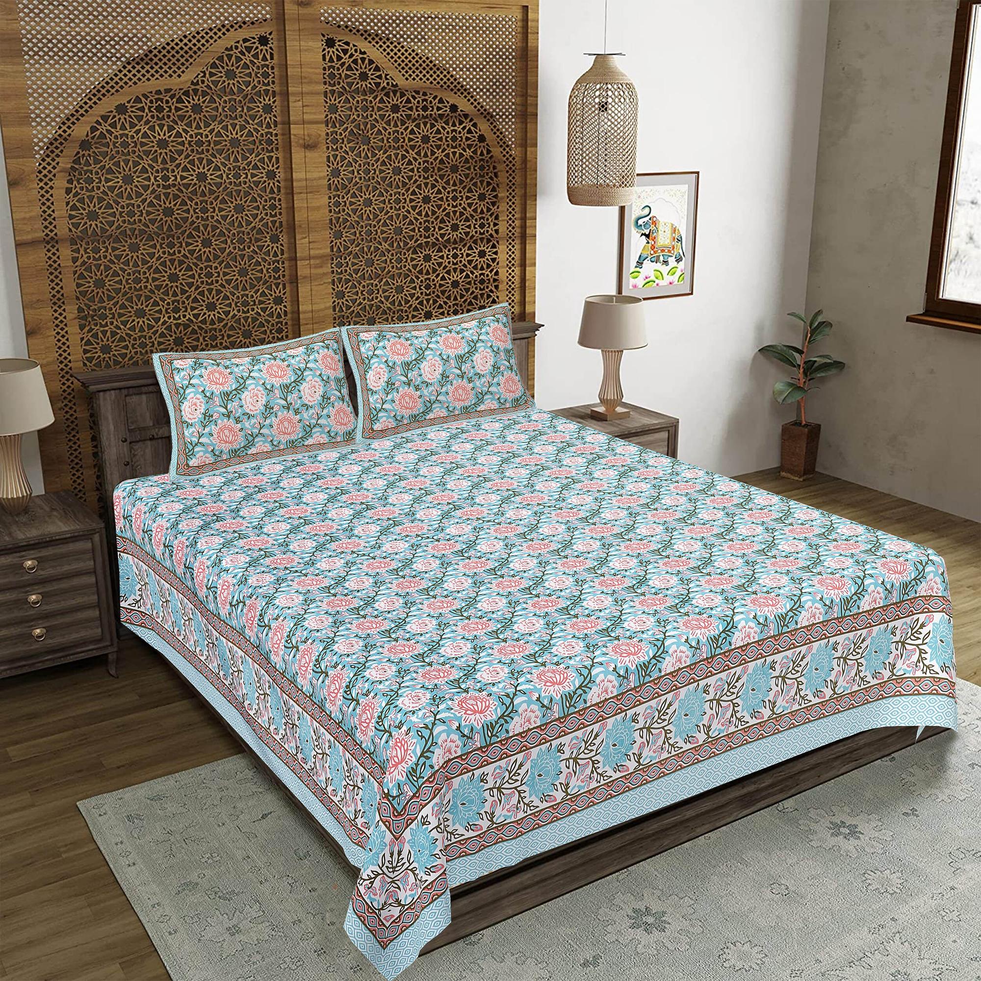 Rudra Bazaar Blue 210 TC Cotton Double King Bedsheet With 2 Pillow Covers | Grocsy