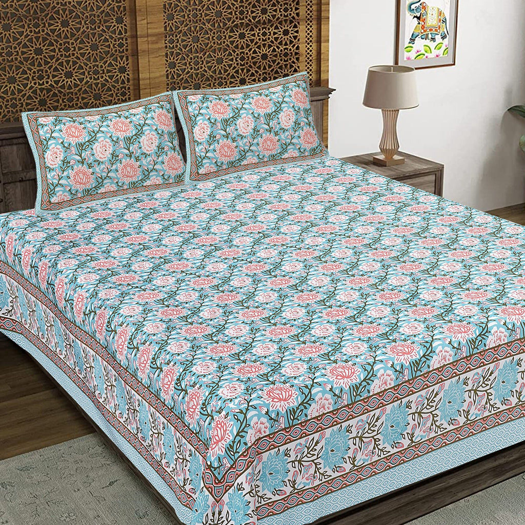 Rudra Bazaar Blue 210 TC Cotton Double King Bedsheet With 2 Pillow Covers | Grocsy