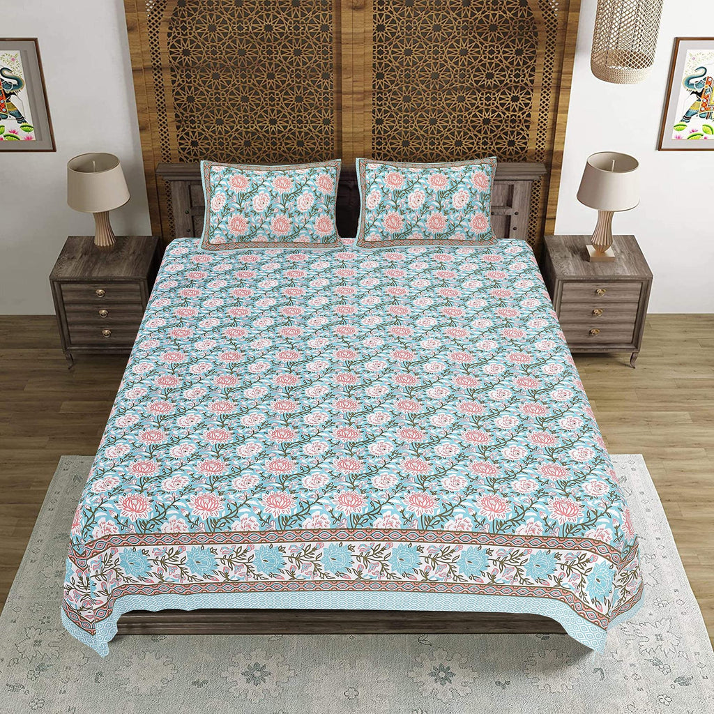 Rudra Bazaar Blue 210 TC Cotton Double King Bedsheet With 2 Pillow Covers | Grocsy