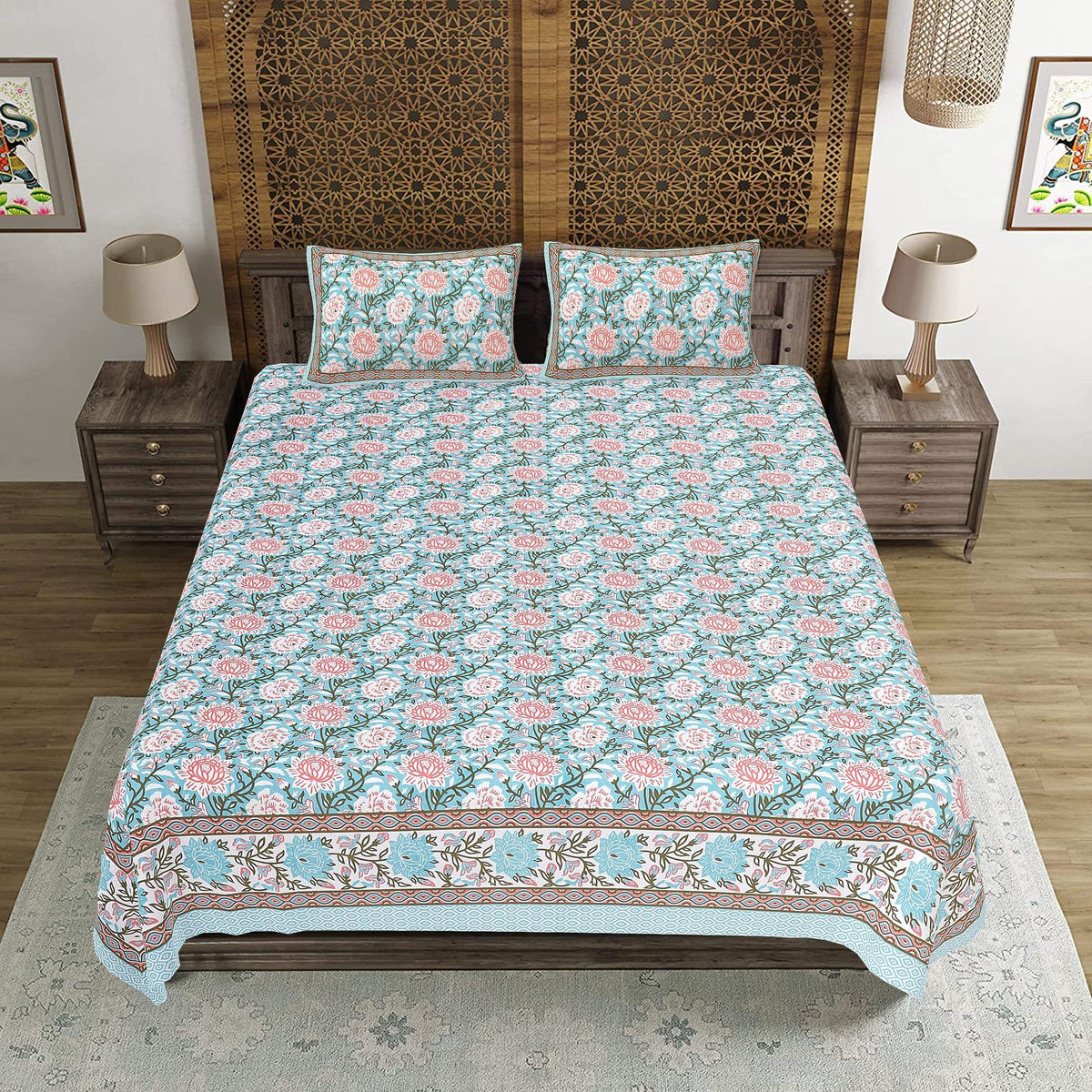 Rudra Bazaar Blue 210 TC Cotton Double King Bedsheet With 2 Pillow Covers | Grocsy