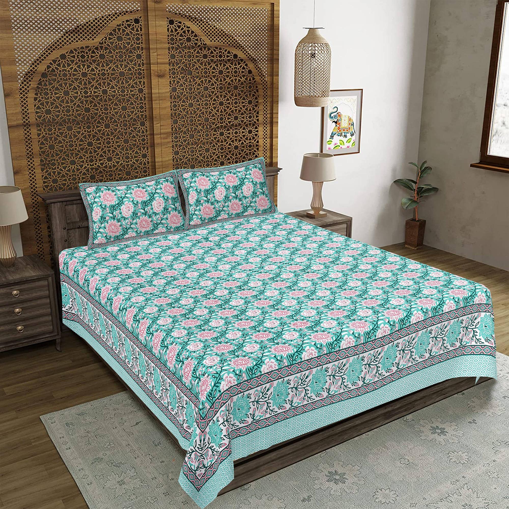 Rudra Bazaar Sea Green 210 TC Cotton Double King Bedsheet With 2 Pillow Covers | Grocsy