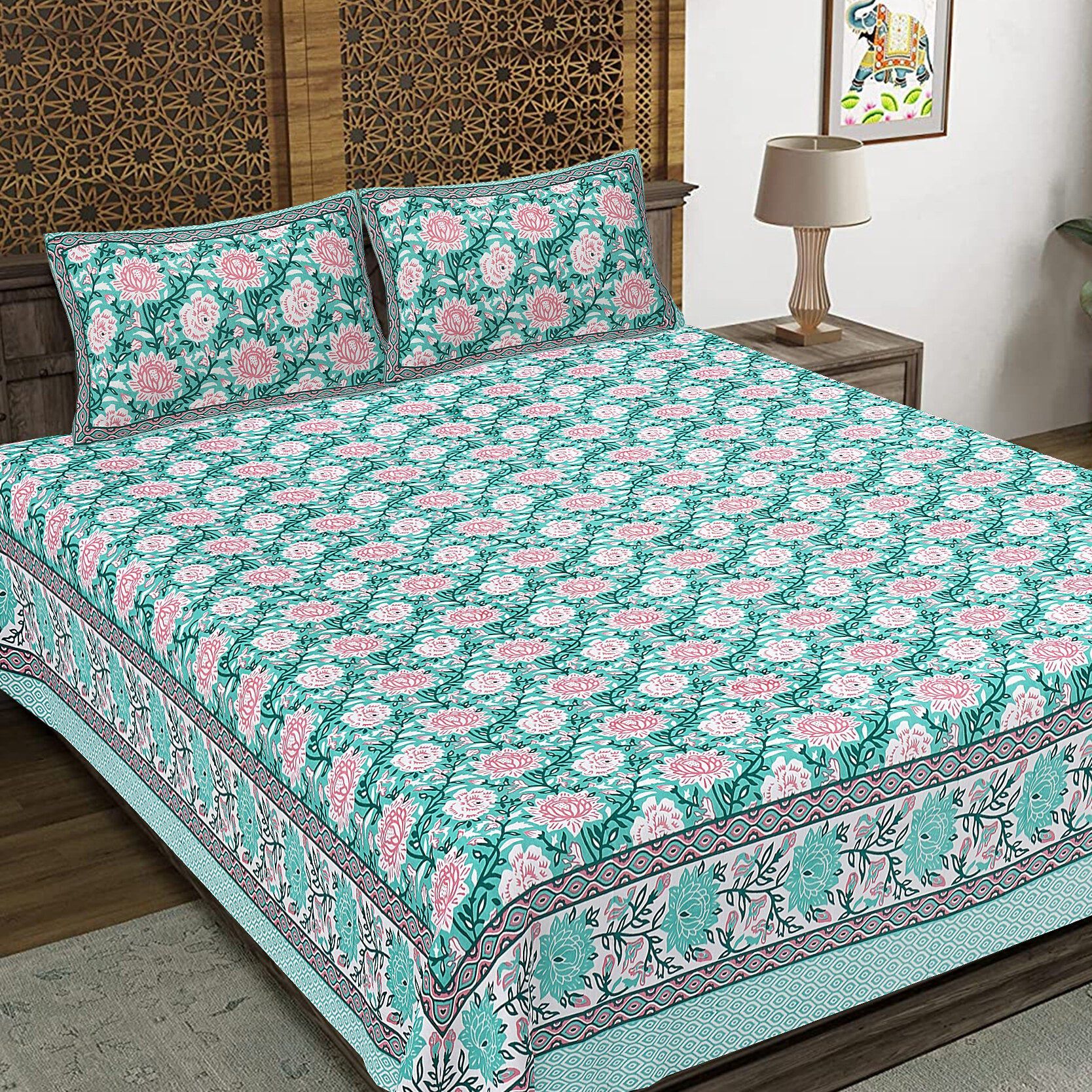 Rudra Bazaar Sea Green 210 TC Cotton Double King Bedsheet With 2 Pillow Covers | Grocsy