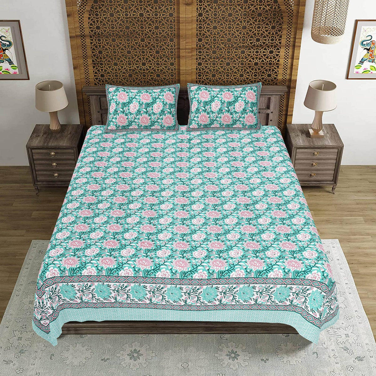 Rudra Bazaar Sea Green 210 TC Cotton Double King Bedsheet With 2 Pillow Covers | Grocsy