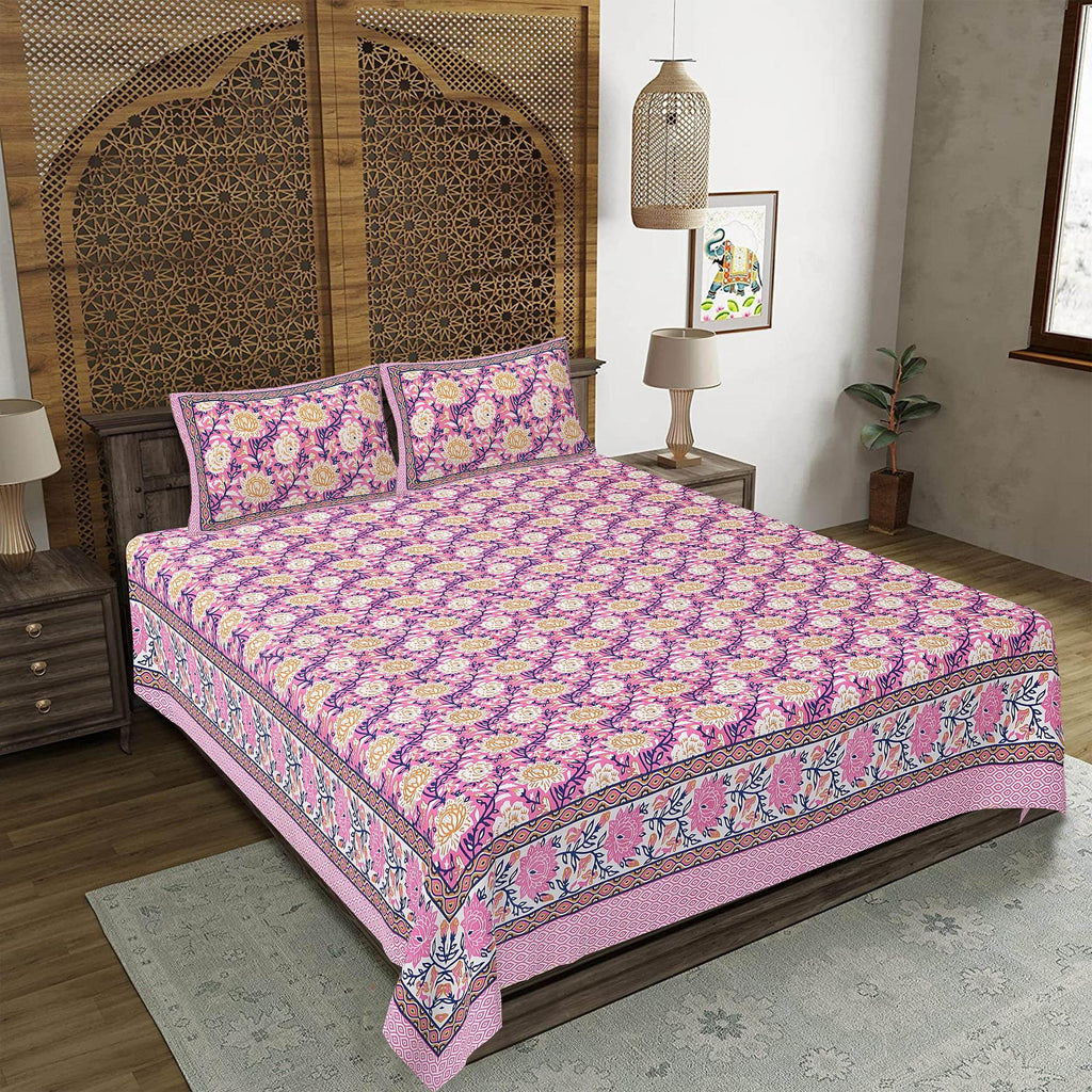 Rudra Bazaar Pink 210 TC Cotton Double King Bedsheet With 2 Pillow Covers | Grocsy