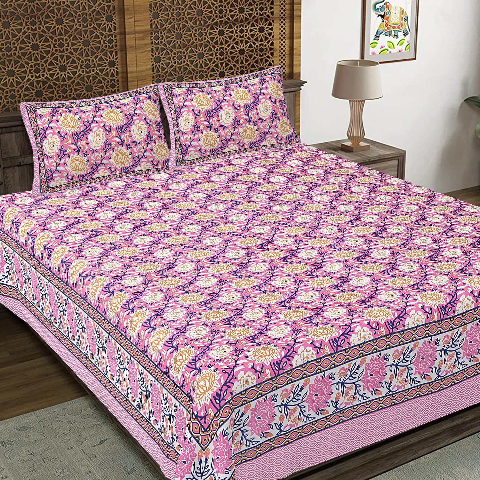 Rudra Bazaar Pink 210 TC Cotton Double King Bedsheet With 2 Pillow Covers | Grocsy