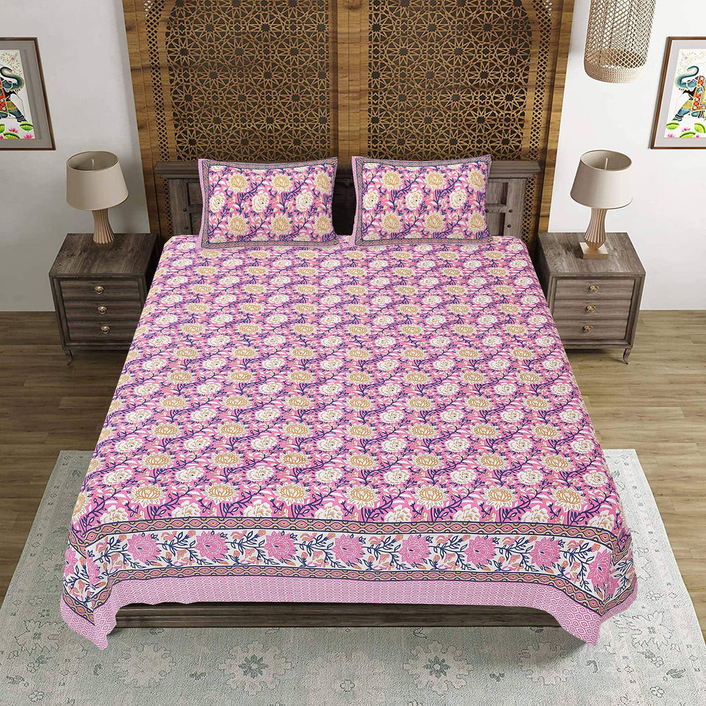 Rudra Bazaar Pink 210 TC Cotton Double King Bedsheet With 2 Pillow Covers | Grocsy
