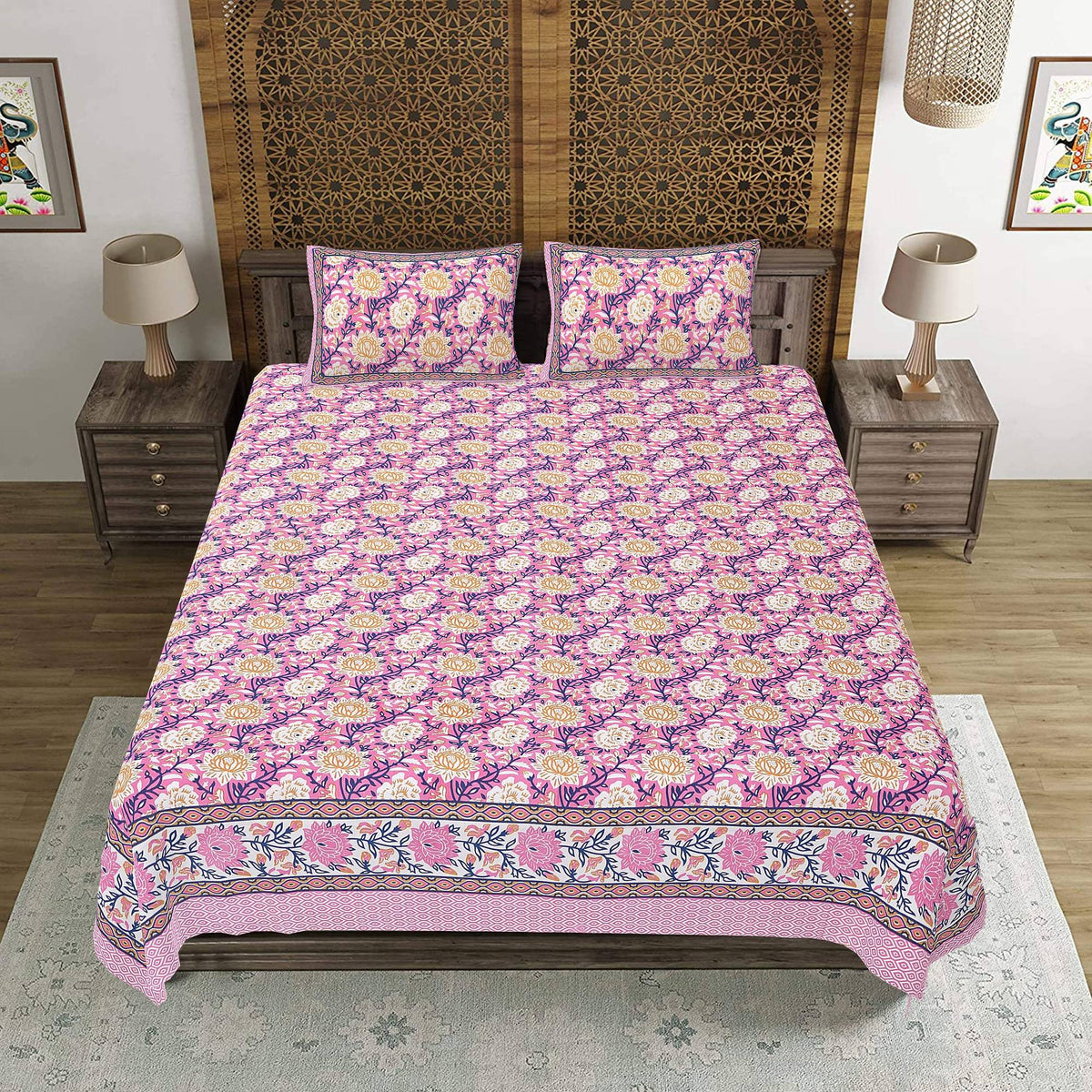 Rudra Bazaar Pink 210 TC Cotton Double King Bedsheet With 2 Pillow Covers | Grocsy