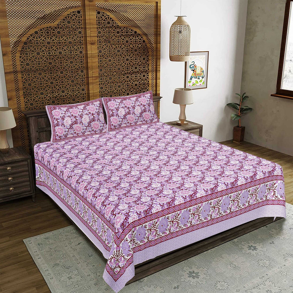 Rudra Bazaar Purple 210 TC Cotton Double King Bedsheet With 2 Pillow Covers | Grocsy