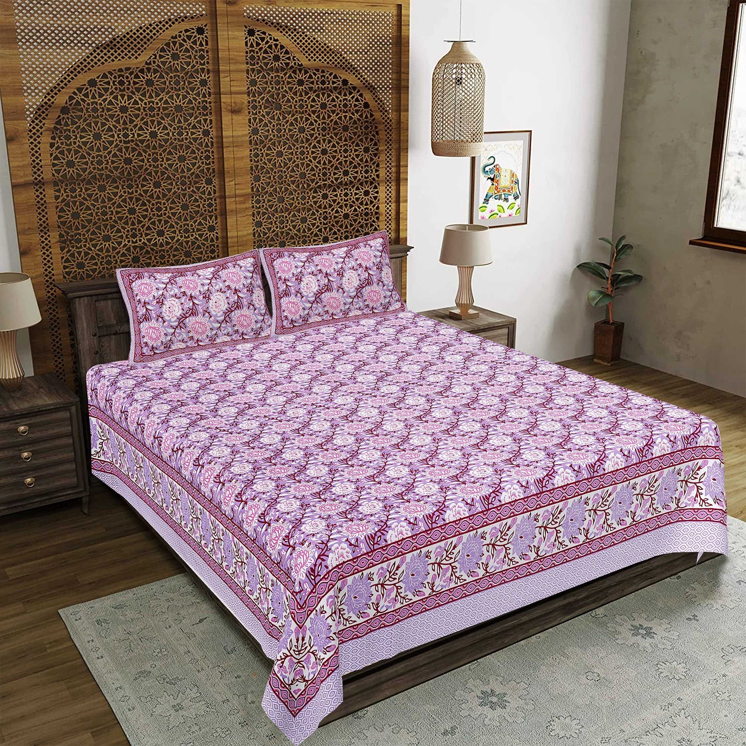 Rudra Bazaar Purple 210 TC Cotton Double King Bedsheet With 2 Pillow Covers | Grocsy