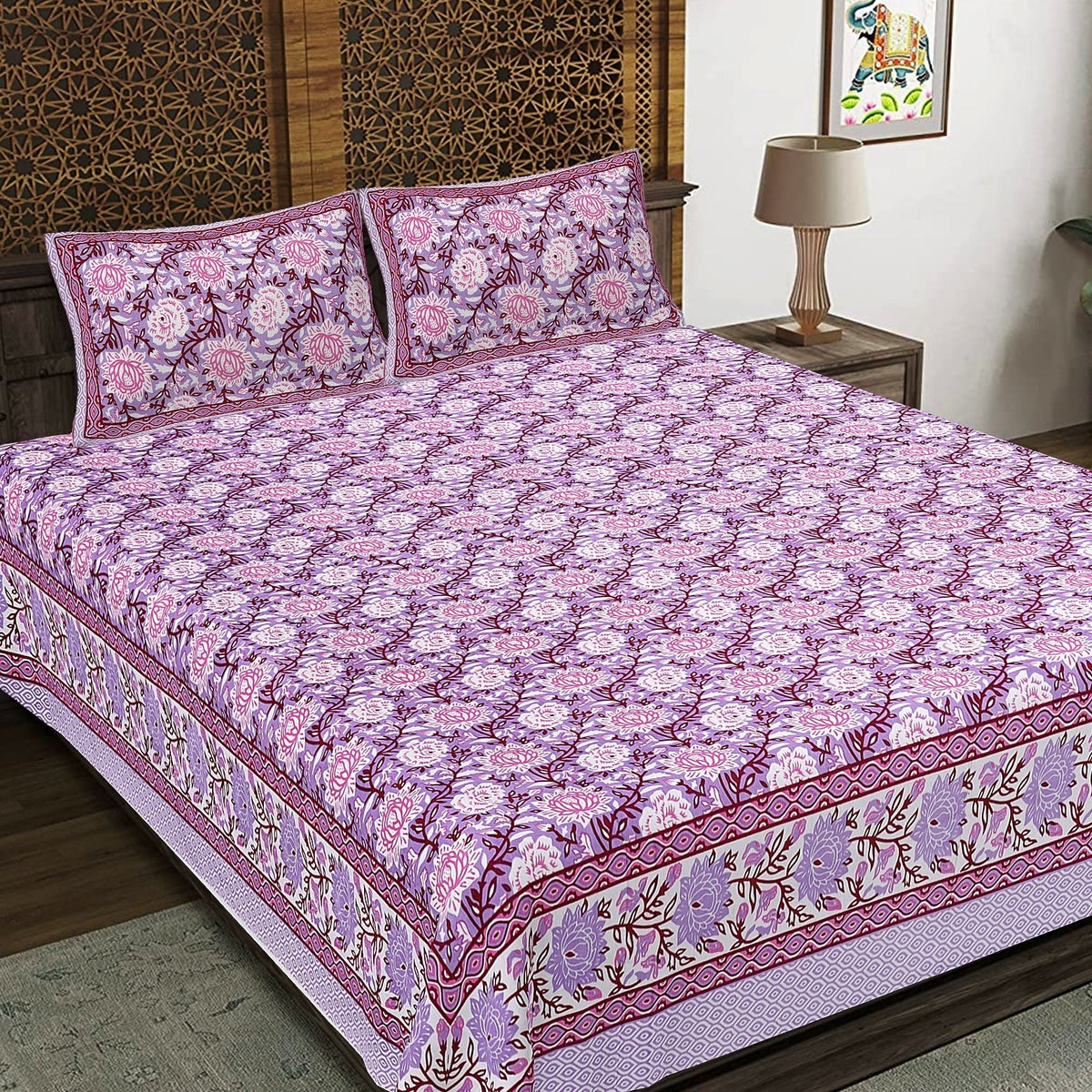 Rudra Bazaar Purple 210 TC Cotton Double King Bedsheet With 2 Pillow Covers | Grocsy