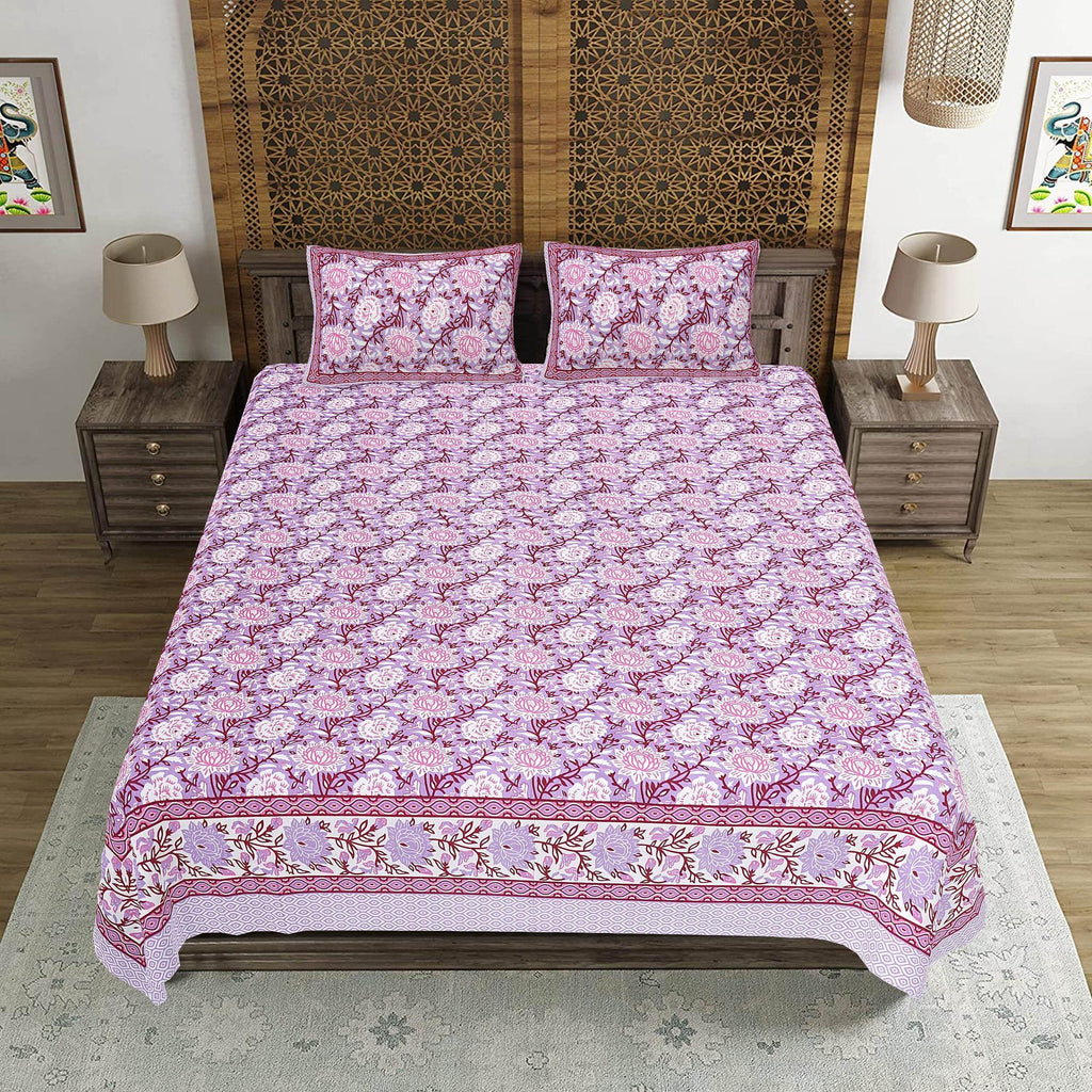Rudra Bazaar Purple 210 TC Cotton Double King Bedsheet With 2 Pillow Covers | Grocsy
