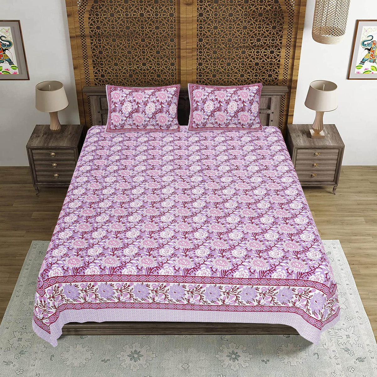 Rudra Bazaar Purple 210 TC Cotton Double King Bedsheet With 2 Pillow Covers | Grocsy