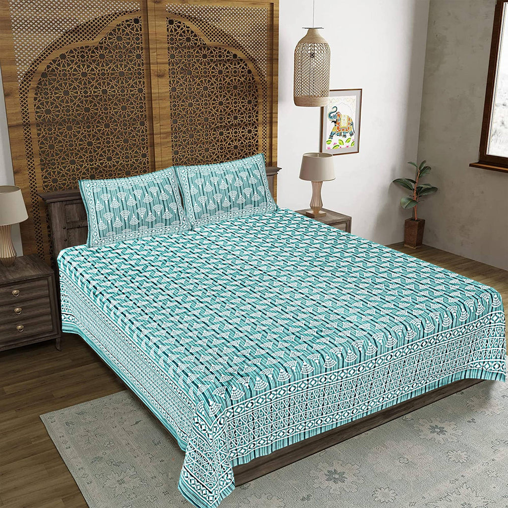 Rudra Bazaar Sea Green 210 TC Cotton Double King Bedsheet With 2 Pillow Covers | Grocsy