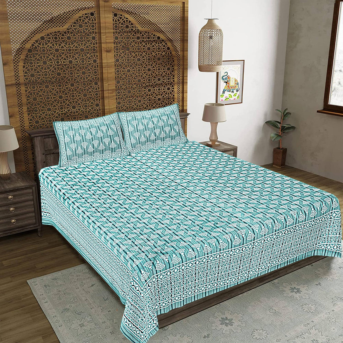 Rudra Bazaar Sea Green 210 TC Cotton Double King Bedsheet With 2 Pillow Covers | Grocsy