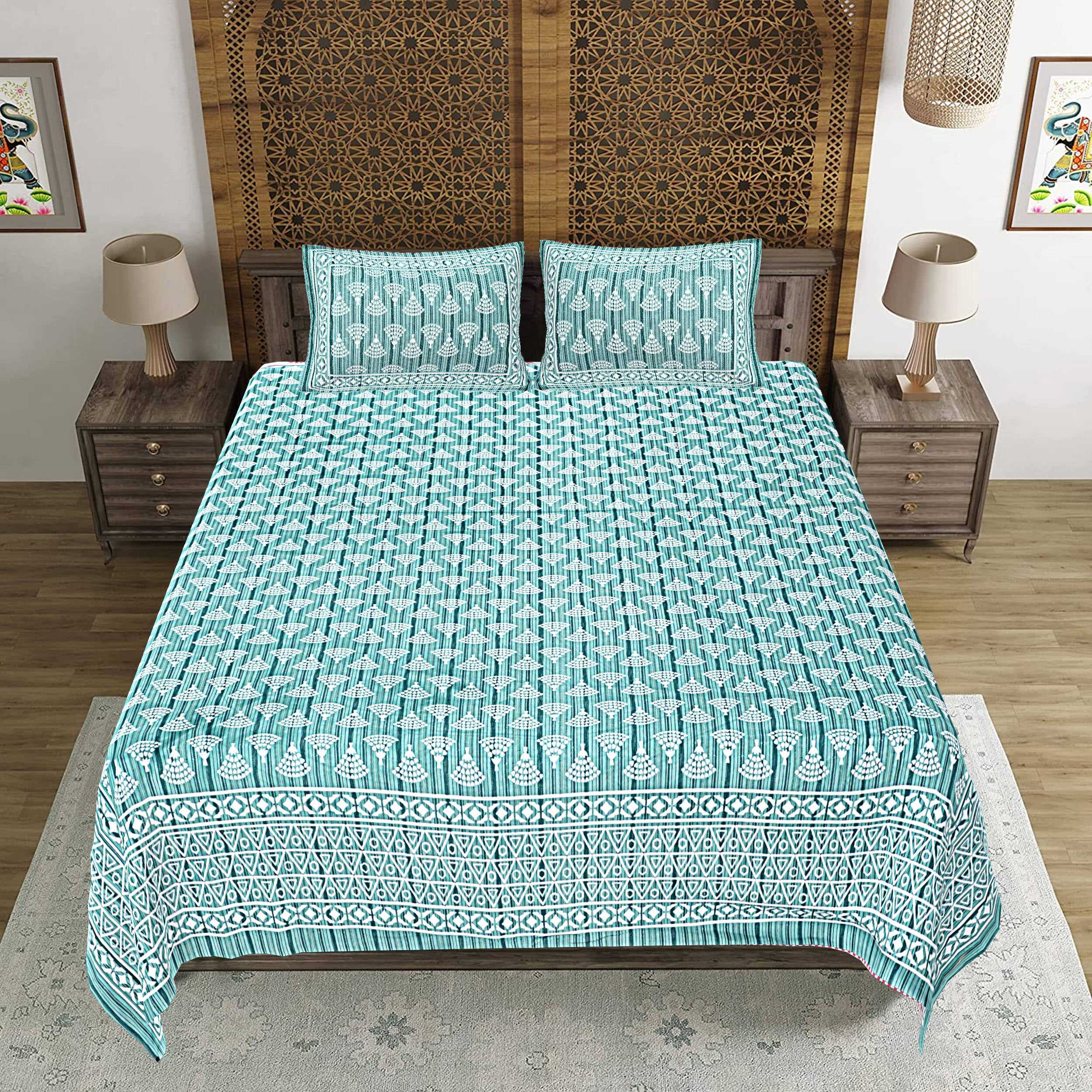 Rudra Bazaar Sea Green 210 TC Cotton Double King Bedsheet With 2 Pillow Covers | Grocsy