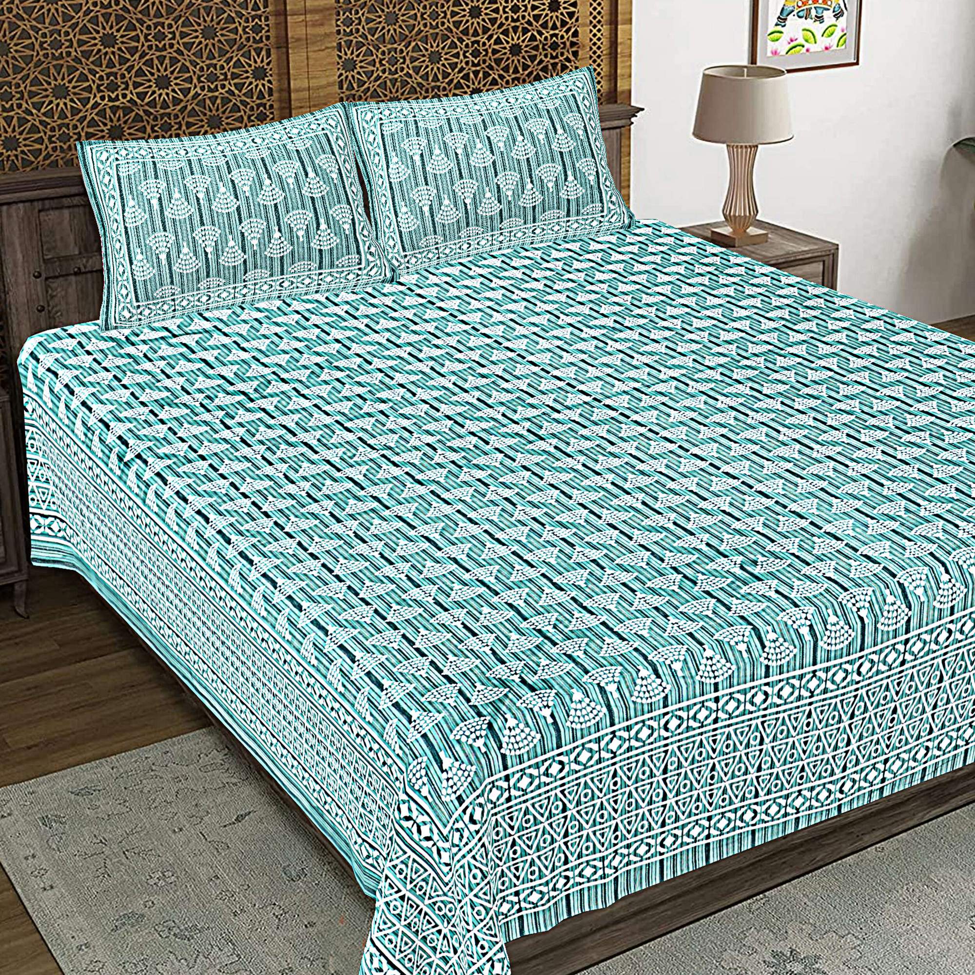 Rudra Bazaar Sea Green 210 TC Cotton Double King Bedsheet With 2 Pillow Covers | Grocsy
