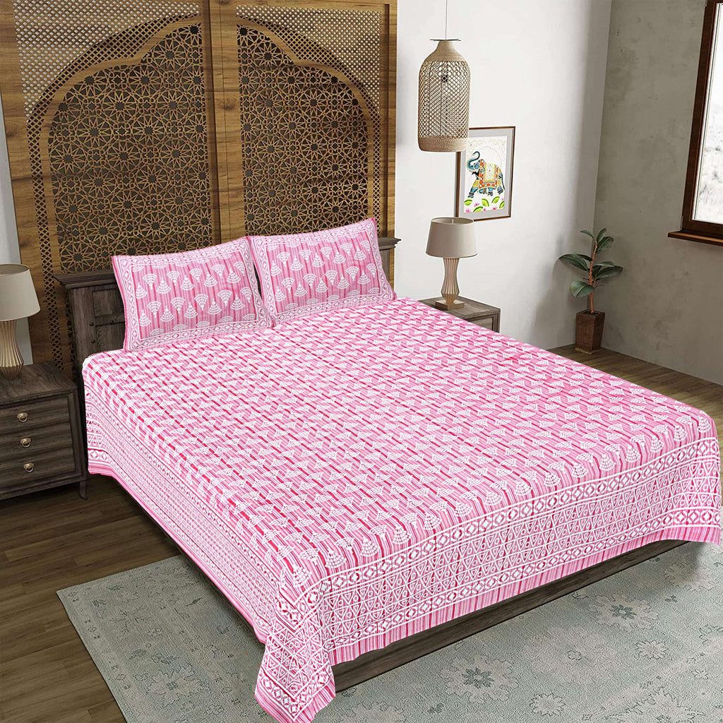 Rudra Bazaar Pink 210 TC Cotton Double King Bedsheet With 2 Pillow Covers | Grocsy