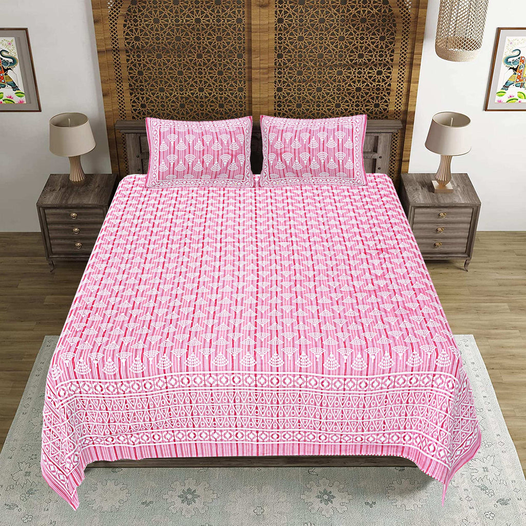 Rudra Bazaar Pink 210 TC Cotton Double King Bedsheet With 2 Pillow Covers | Grocsy