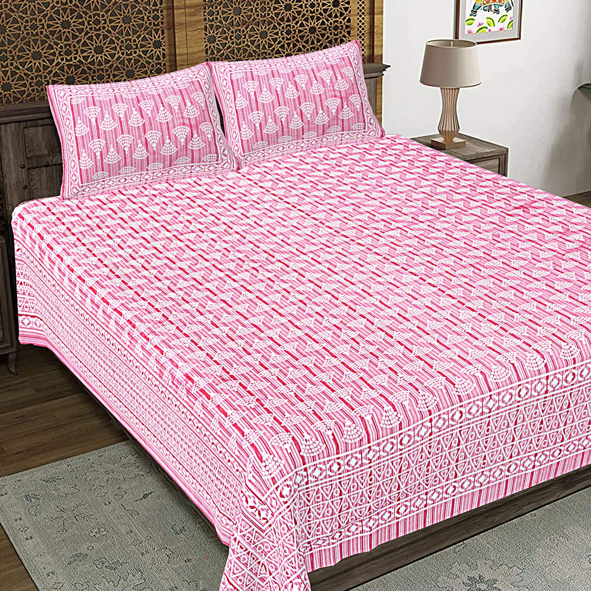 Rudra Bazaar Pink 210 TC Cotton Double King Bedsheet With 2 Pillow Covers | Grocsy