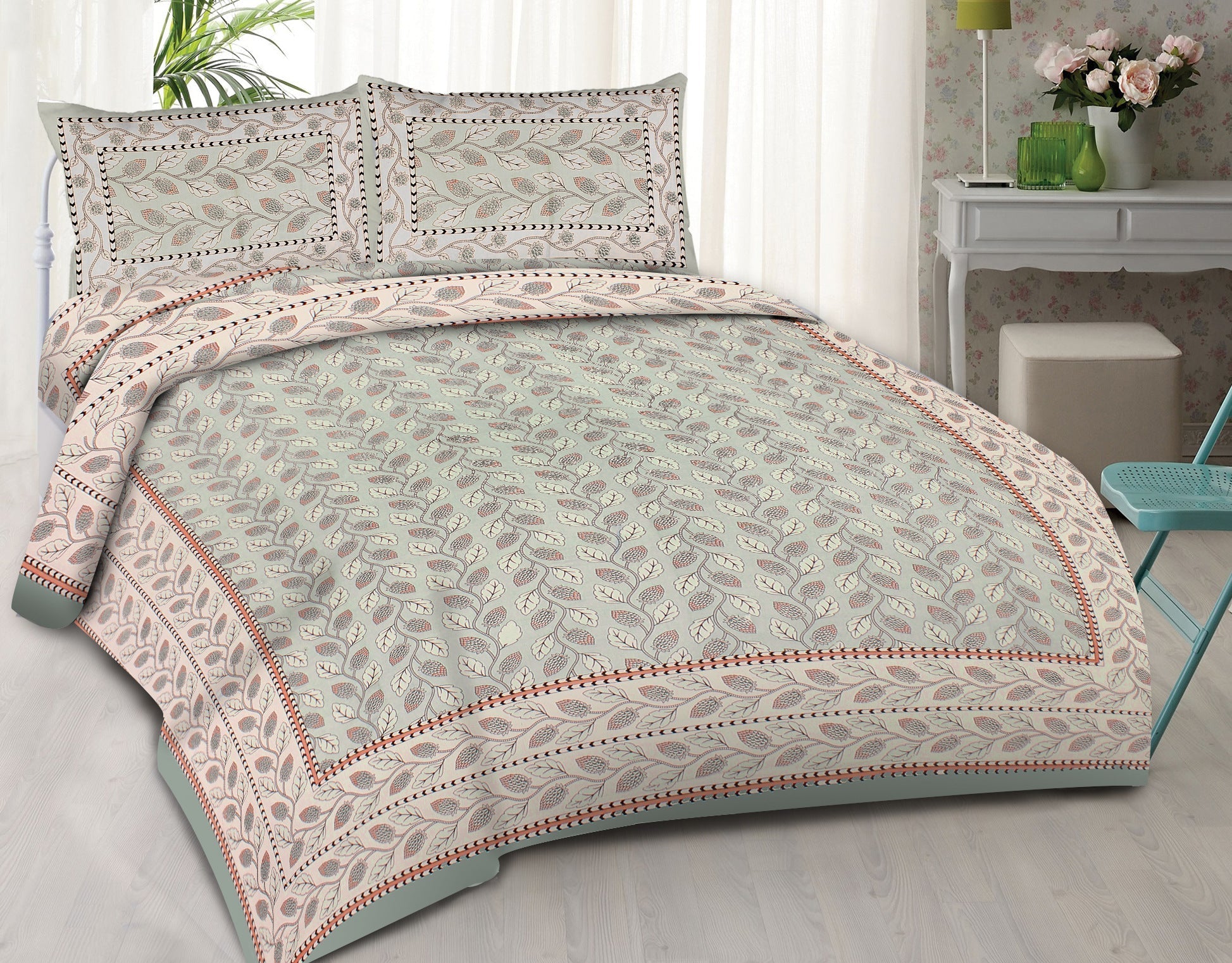 Rudra Bazaar Sea Green 210 TC Cotton Double King Bedsheet With 2 Pillow Covers | Grocsy
