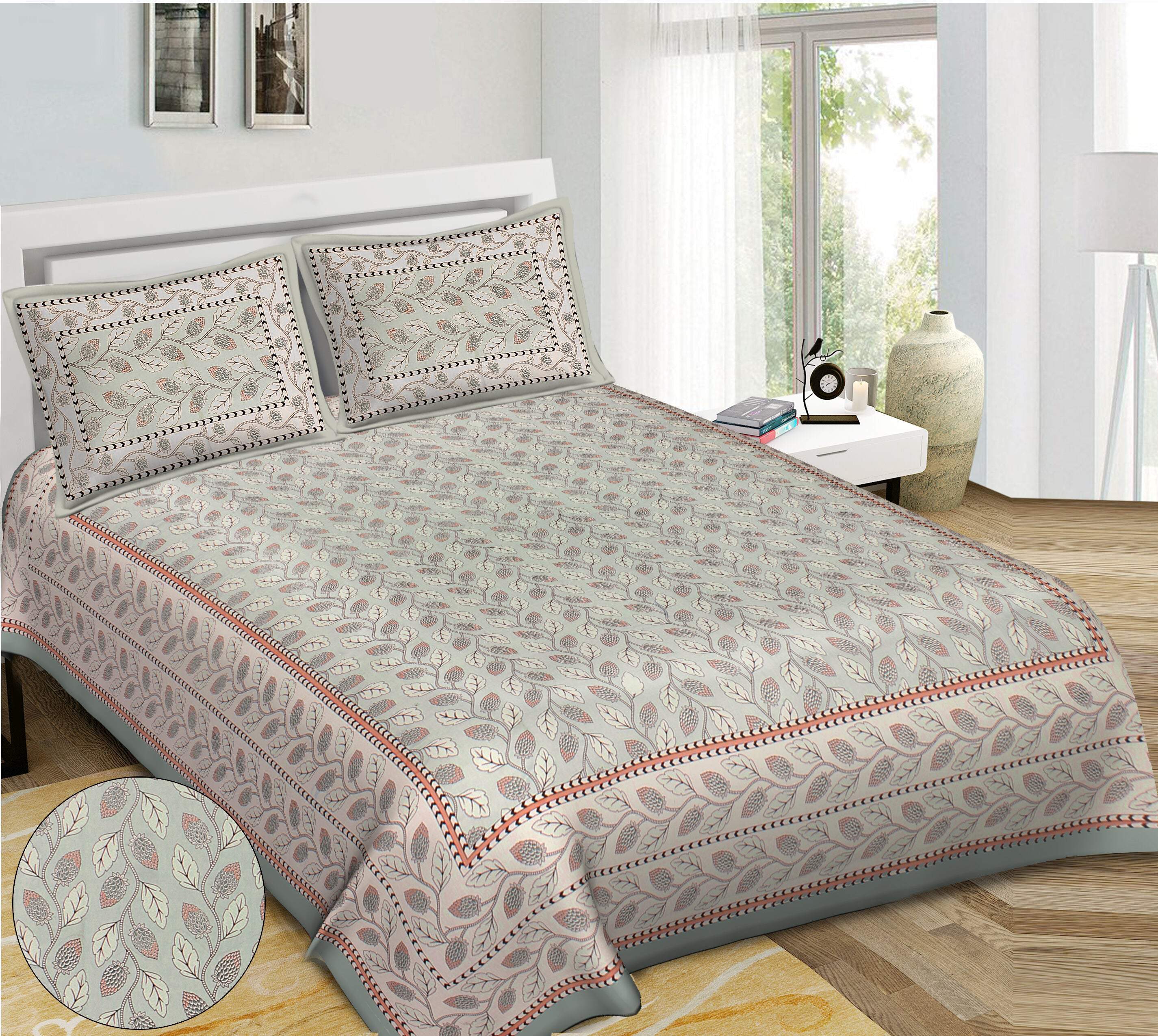 Rudra Bazaar Sea Green 210 TC Cotton Double King Bedsheet With 2 Pillow Covers | Grocsy