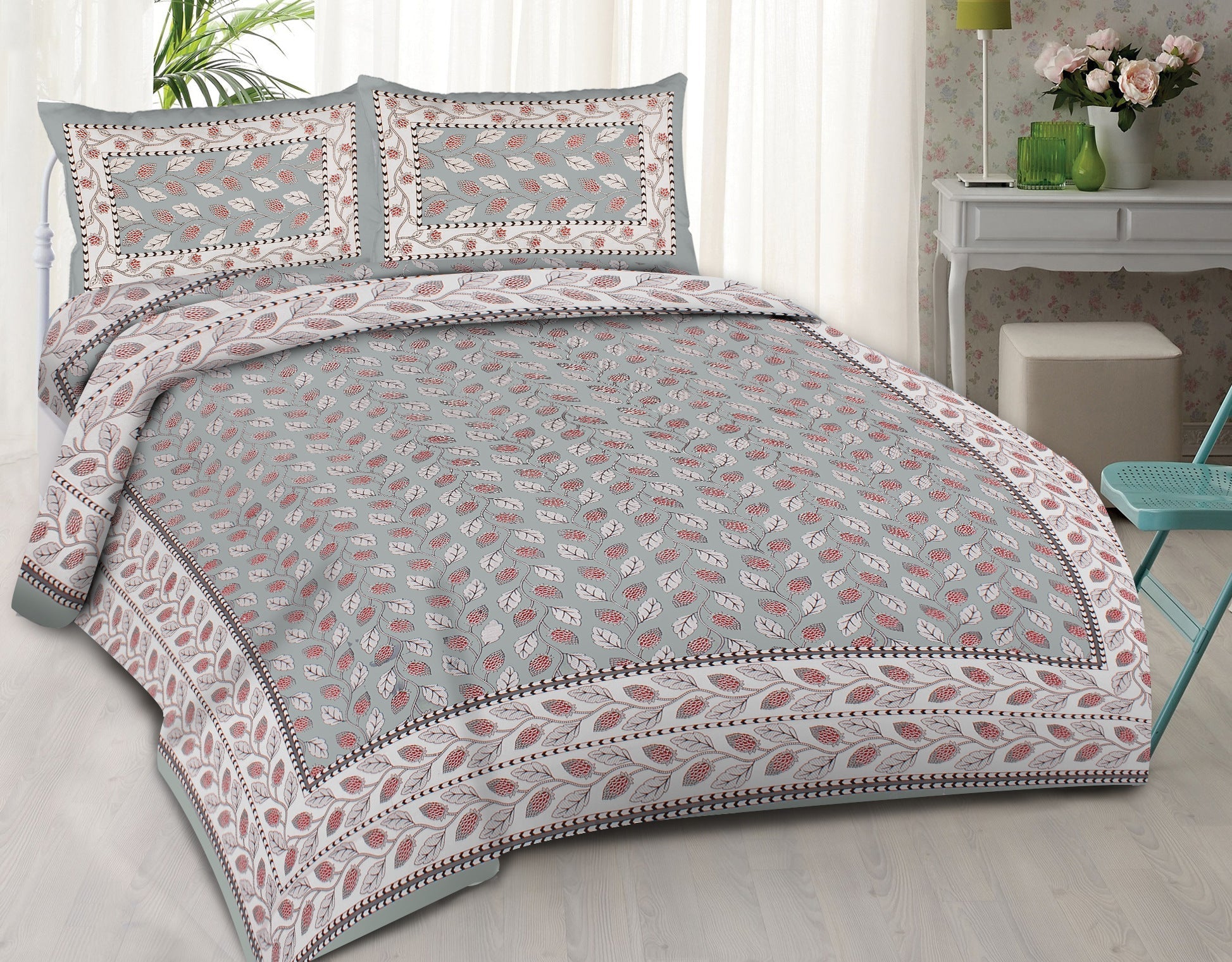 Rudra Bazaar Grey 210 TC Cotton Double King Bedsheet With 2 Pillow Covers | Grocsy