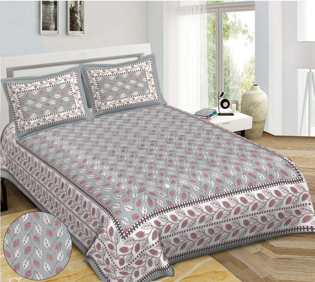 Rudra Bazaar Grey 210 TC Cotton Double King Bedsheet With 2 Pillow Covers | Grocsy