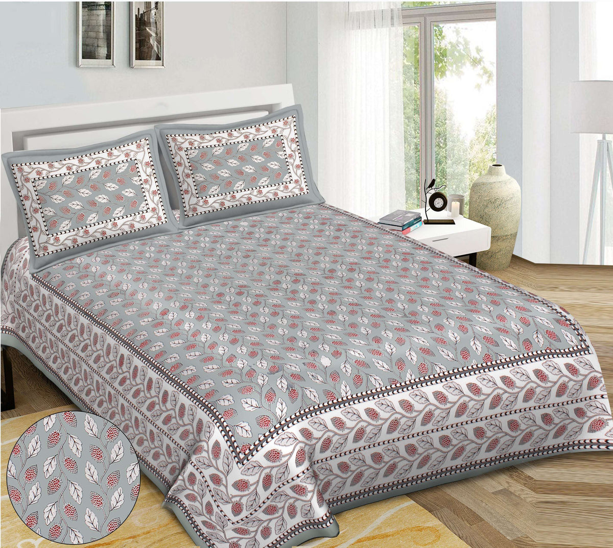 Rudra Bazaar Grey 210 TC Cotton Double King Bedsheet With 2 Pillow Covers | Grocsy
