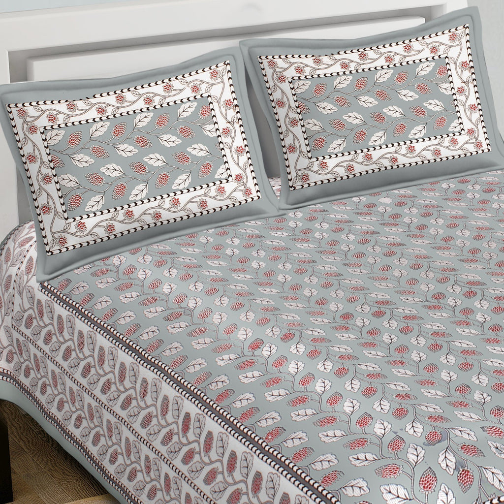 Rudra Bazaar Grey 210 TC Cotton Double King Bedsheet With 2 Pillow Covers | Grocsy